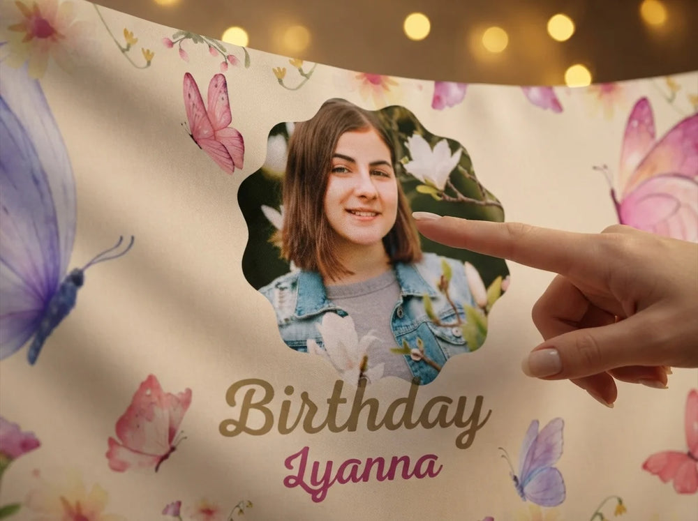 Close-up of the personalised name and photo printed on the Butterfly Birthday Party Banner