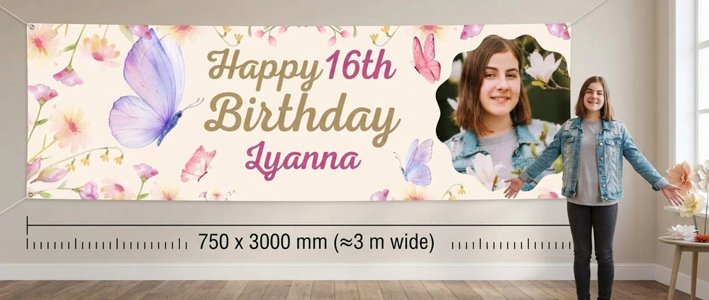 Person standing beside the Butterfly Birthday Party Banner for scale, with size guide showing 750 x 3000 mm