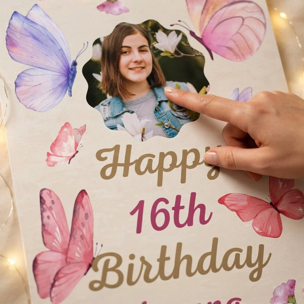 Close-up of the personalised name and photo printed on the Butterfly Birthday Party Mega Card