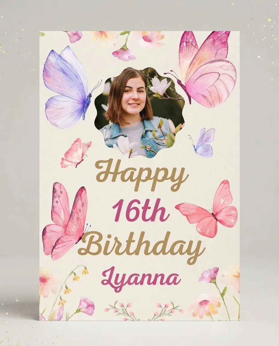 Personalised Butterfly Birthday Party Mega Card displayed against a plain studio background
