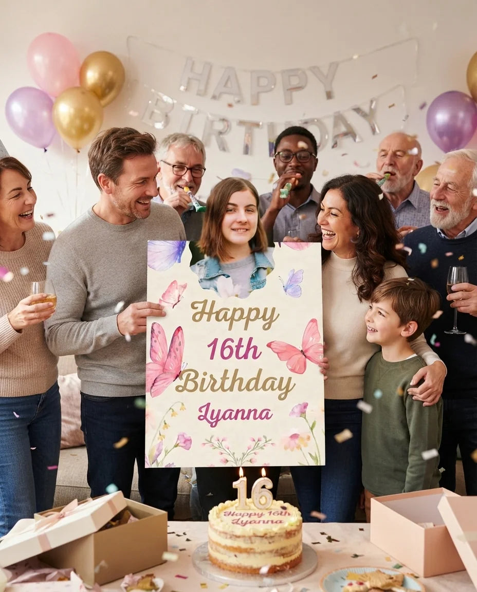 Friends and family celebrating with the personalised Butterfly Birthday Party Mega Card