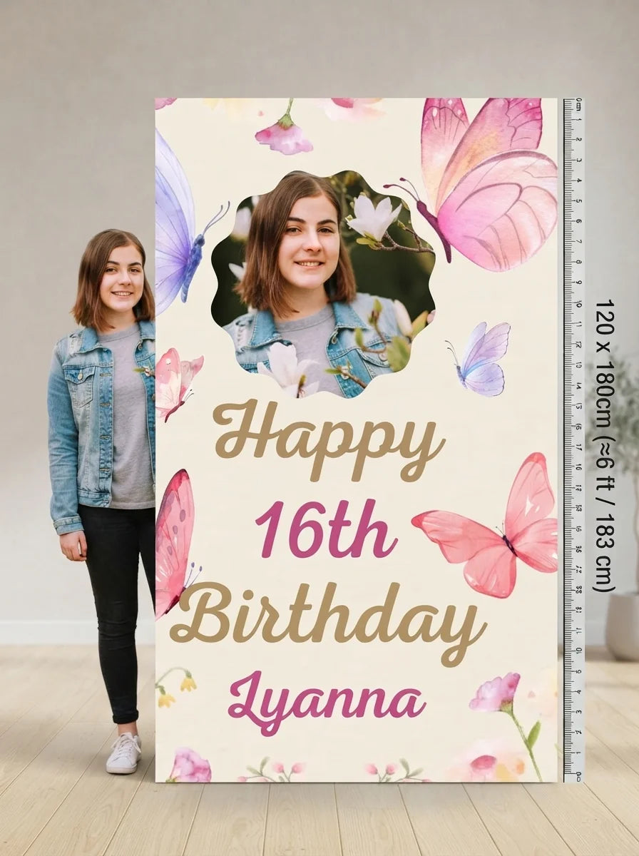 Person standing beside the Butterfly Birthday Party Mega Card for scale in a size guide