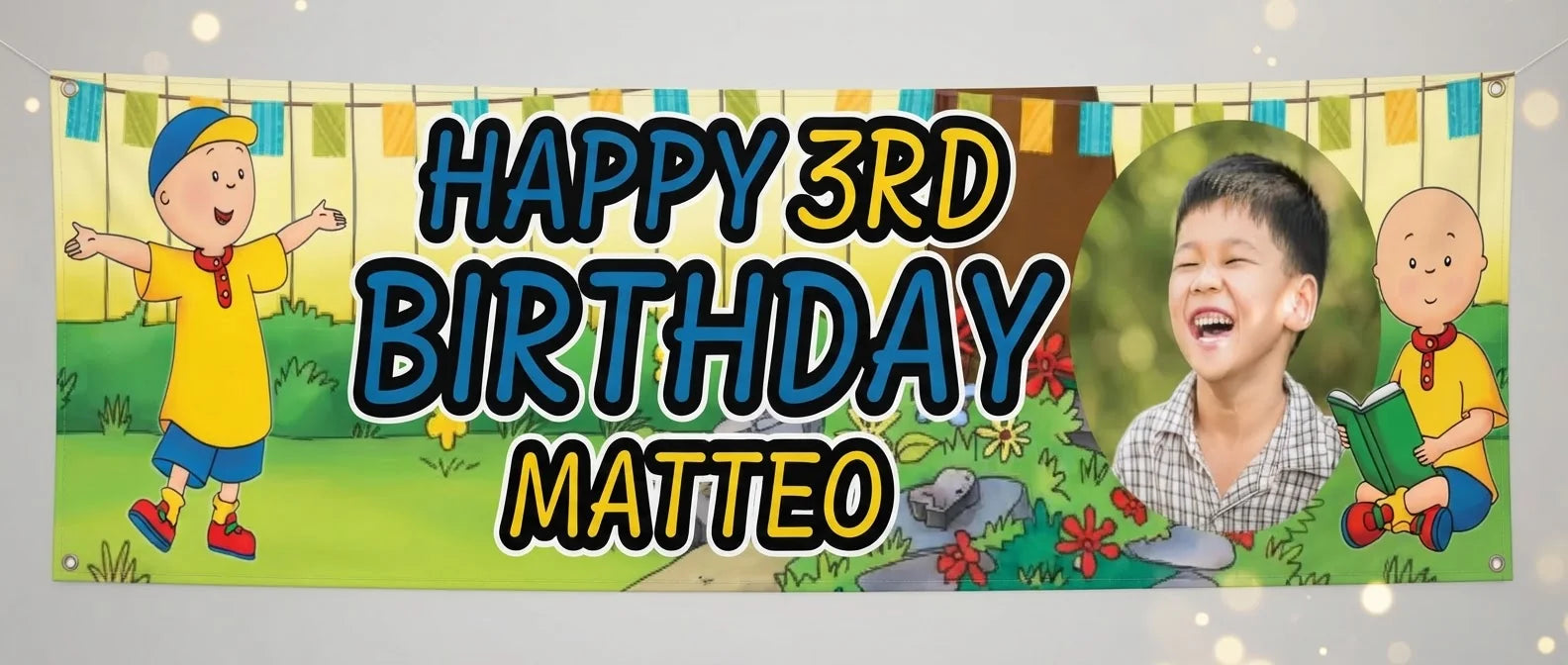 Personalised Caillou Birthday Banner displayed against a plain studio background