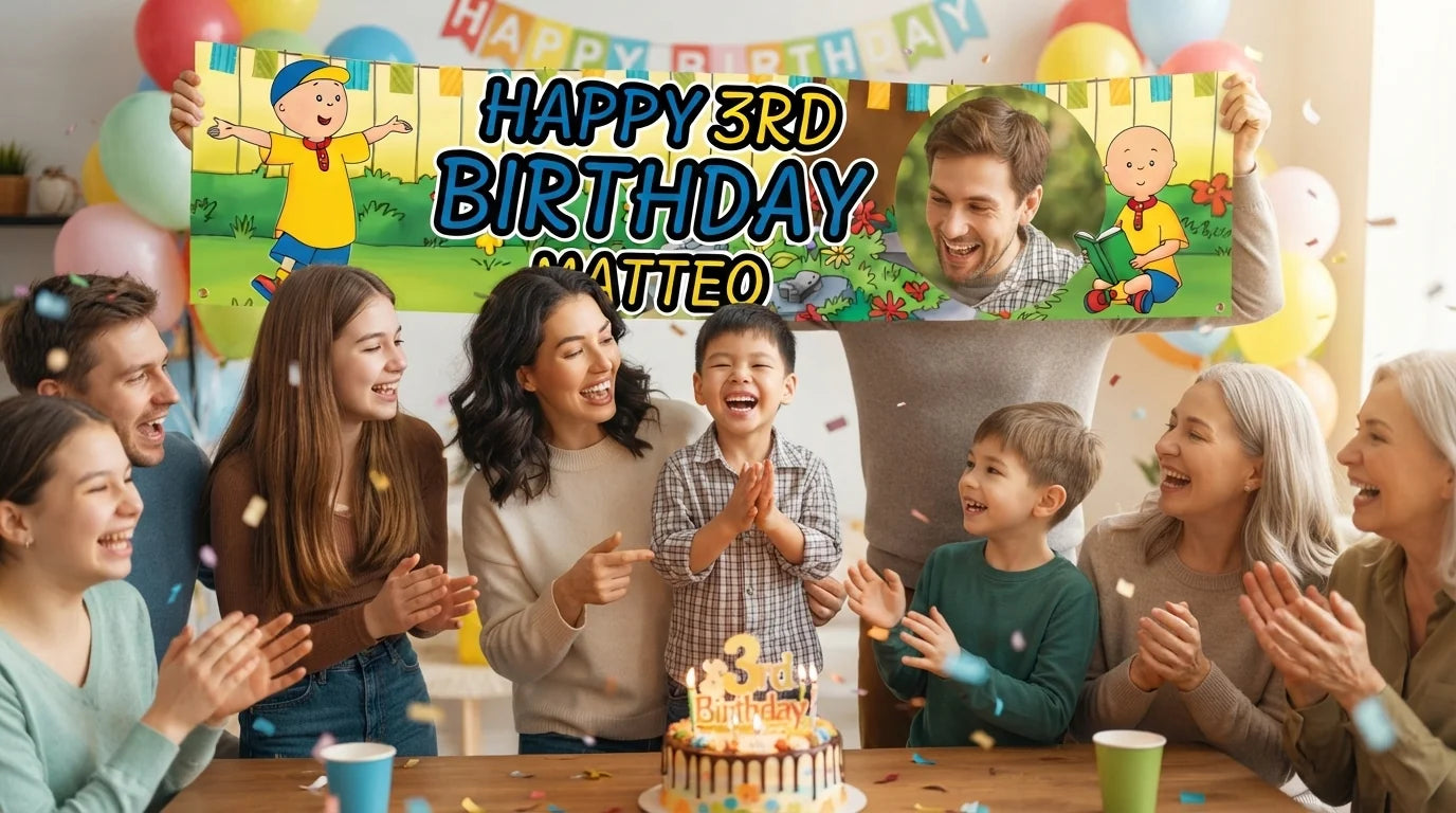 Friends and family celebrating with the personalised Caillou Birthday Banner