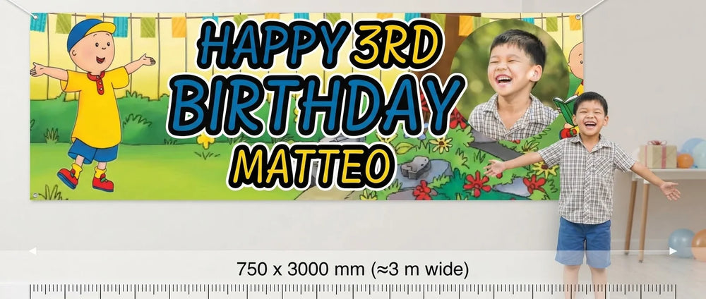 Person standing beside the Caillou Birthday Banner for scale, with size guide showing 750 x 3000 mm