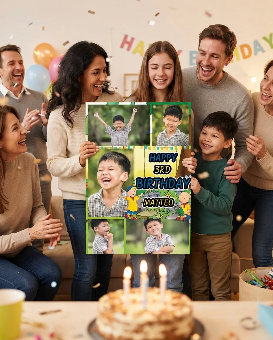 Friends and family celebrating with the personalised Cailou Mega Card