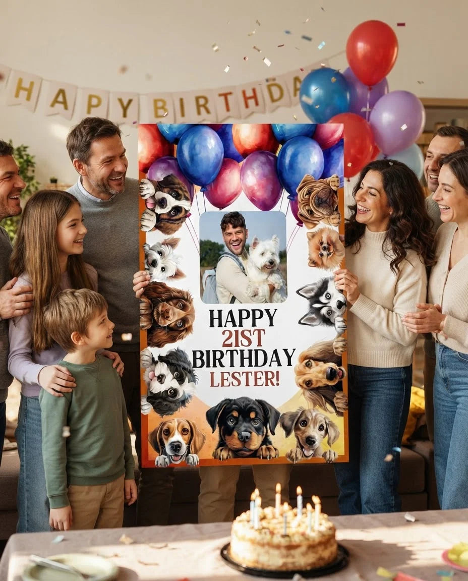 Friends and family celebrating with the personalised Calling Party Animals Birthday Party Mega Card