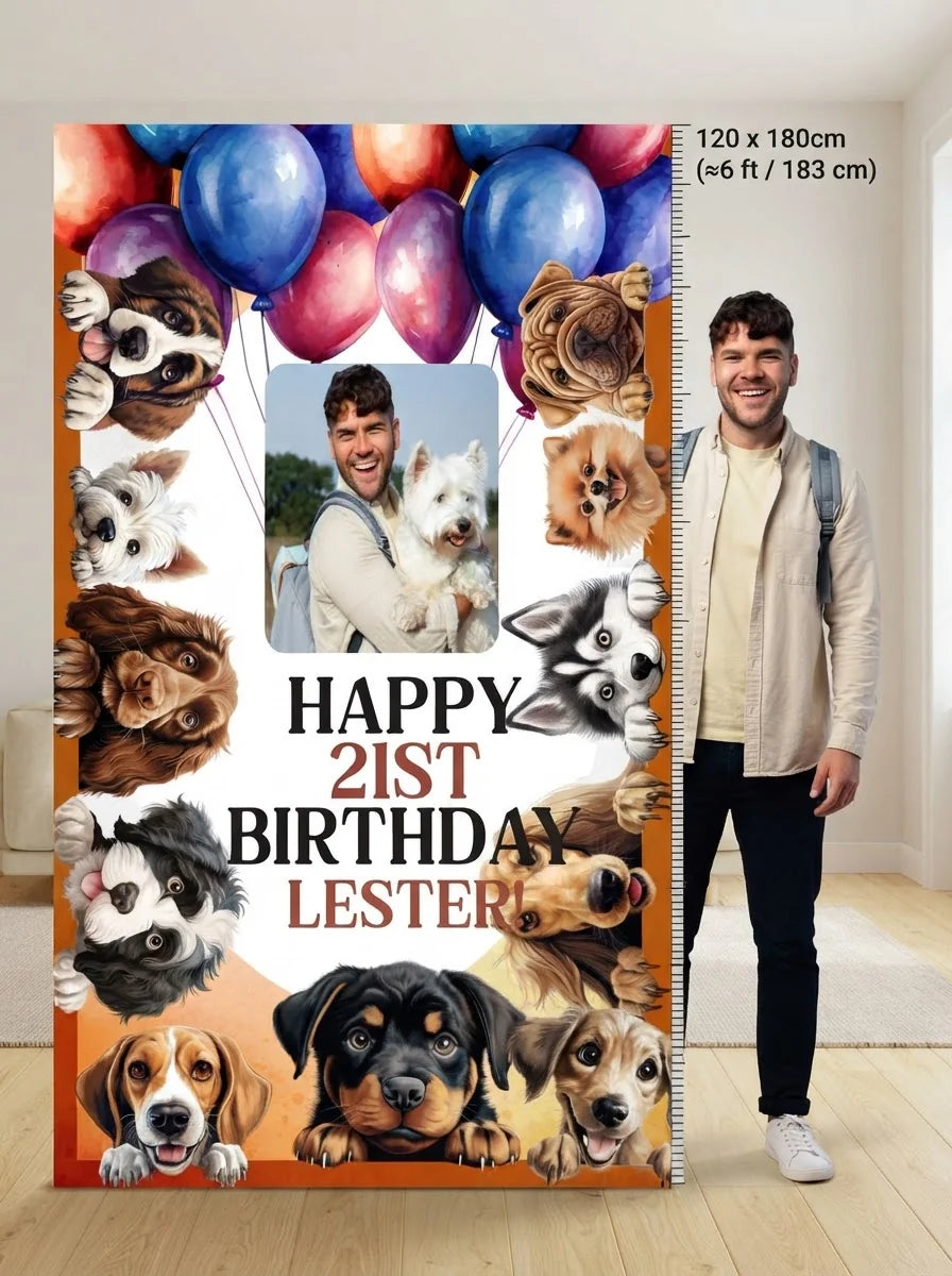 Person standing beside the Calling Party Animals Birthday Party Mega Card for scale in a size guide