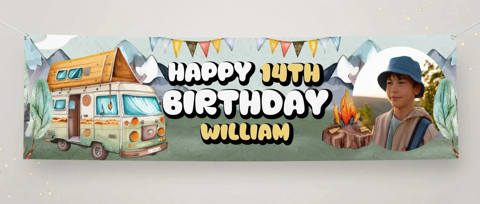 Personalised Camper Van Birthday Party Banner displayed against a plain studio background