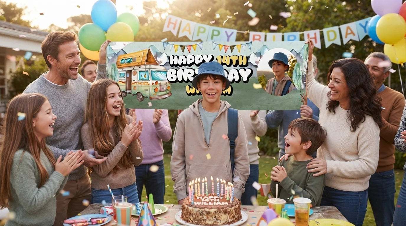 Friends and family celebrating with the personalised Camper Van Birthday Party Banner