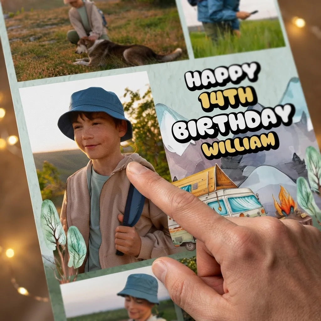 Close-up of the personalised name and photo printed on the Camper Van Birthday Party Mega Card