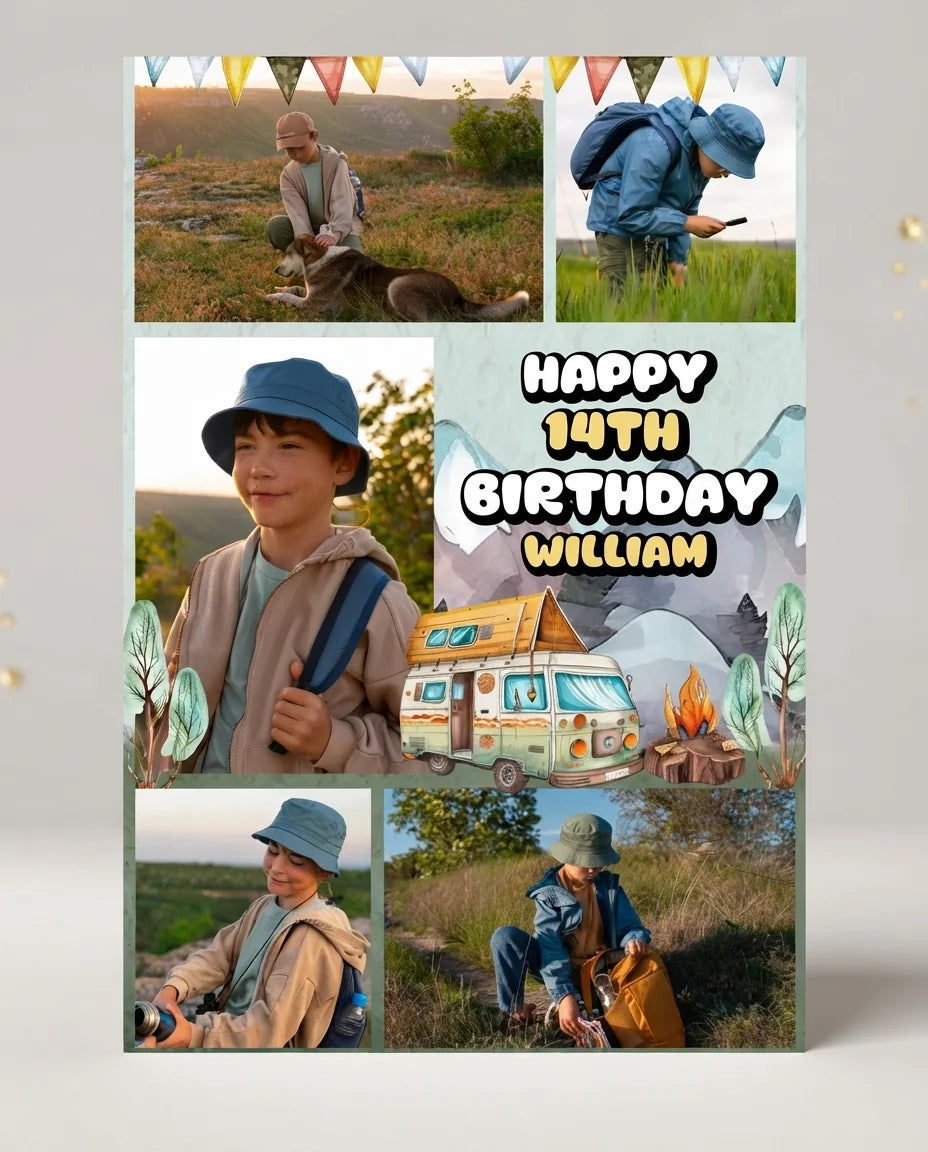 Personalised Camper Van Birthday Party Mega Card displayed against a plain studio background