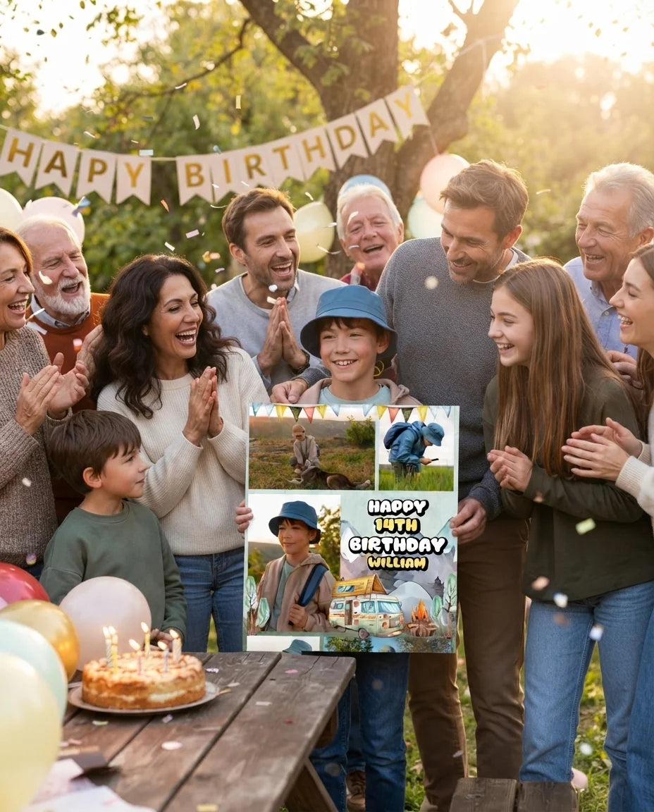 Friends and family celebrating with the personalised Camper Van Birthday Party Mega Card