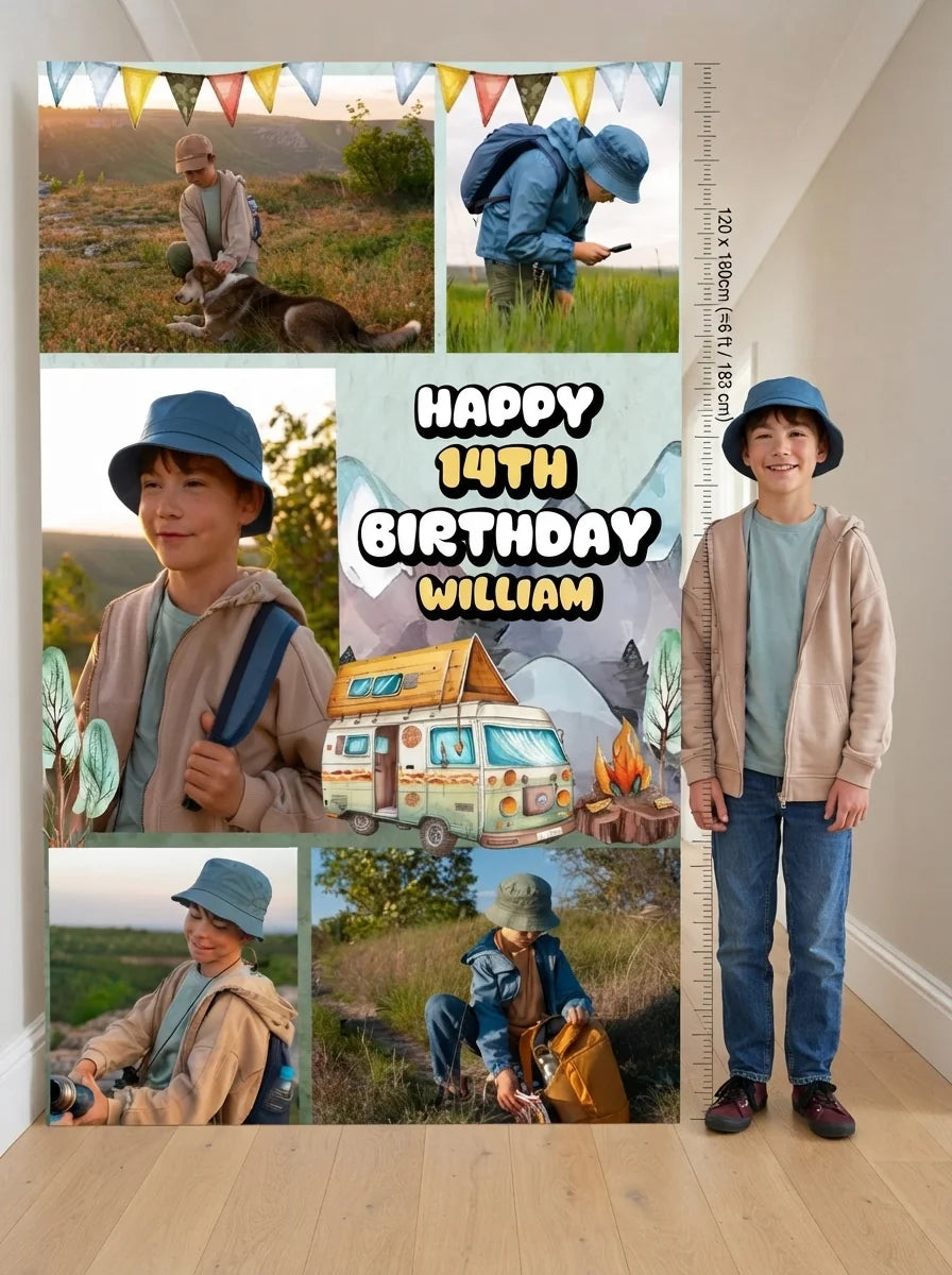 Person standing beside the Camper Van Birthday Party Mega Card for scale in a size guide