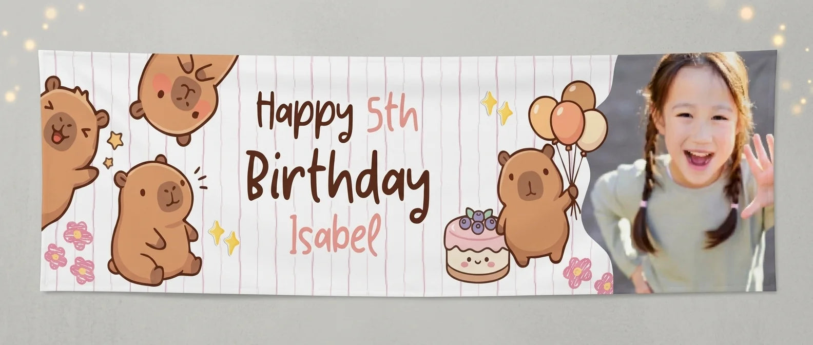 Personalised Capybara Lover Birthday Party Banner displayed against a plain studio background