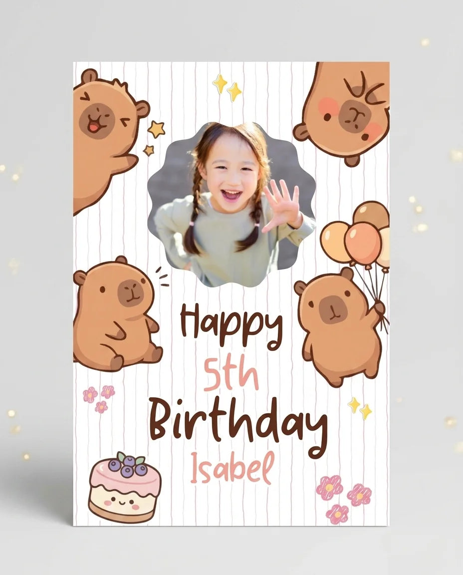 Personalised Capybara Lover Birthday Party Mega Card displayed against a plain studio background