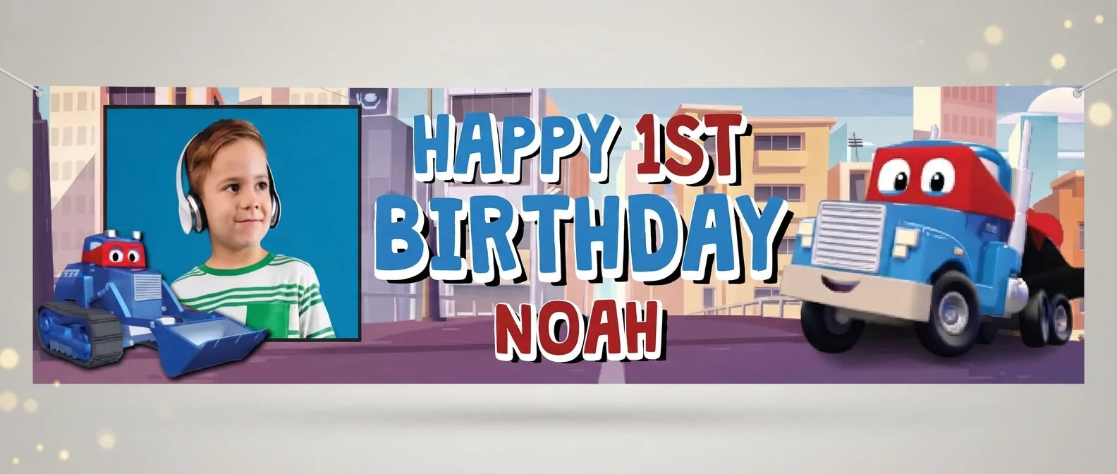 Personalised Carl The Super Truck Birthday Banner displayed against a plain studio background