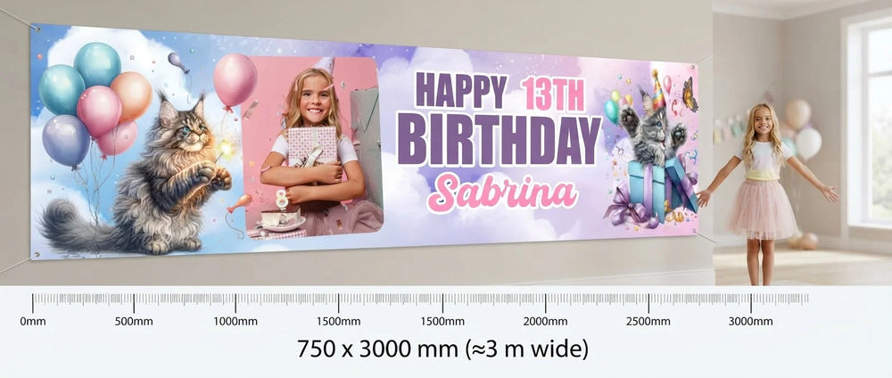 Person standing beside the Cat Lover Birthday Party Banner for scale, with size guide showing 750 x 3000 mm