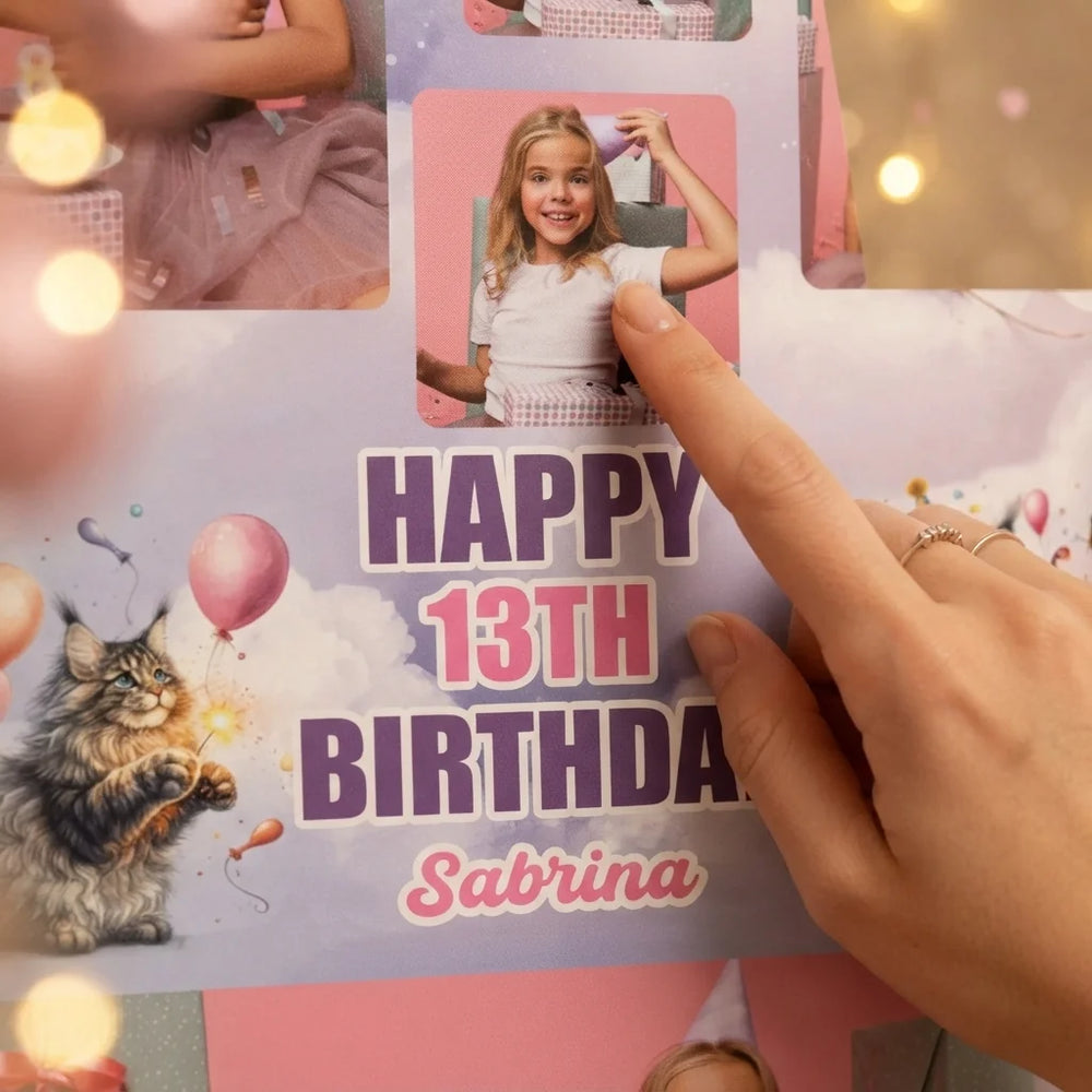 Close-up of the personalised name and photo printed on the Cat Lover Birthday Party Mega Card