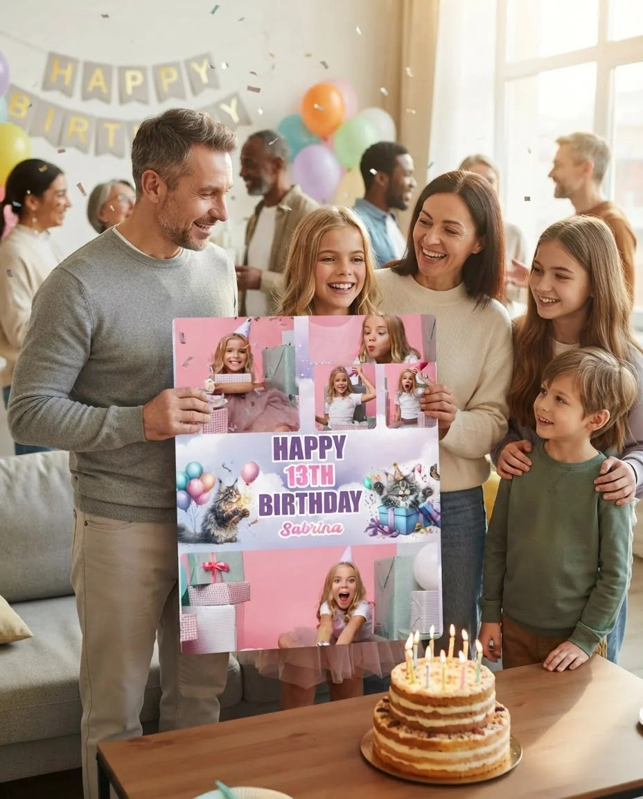 Friends and family celebrating with the personalised Cat Lover Birthday Party Mega Card