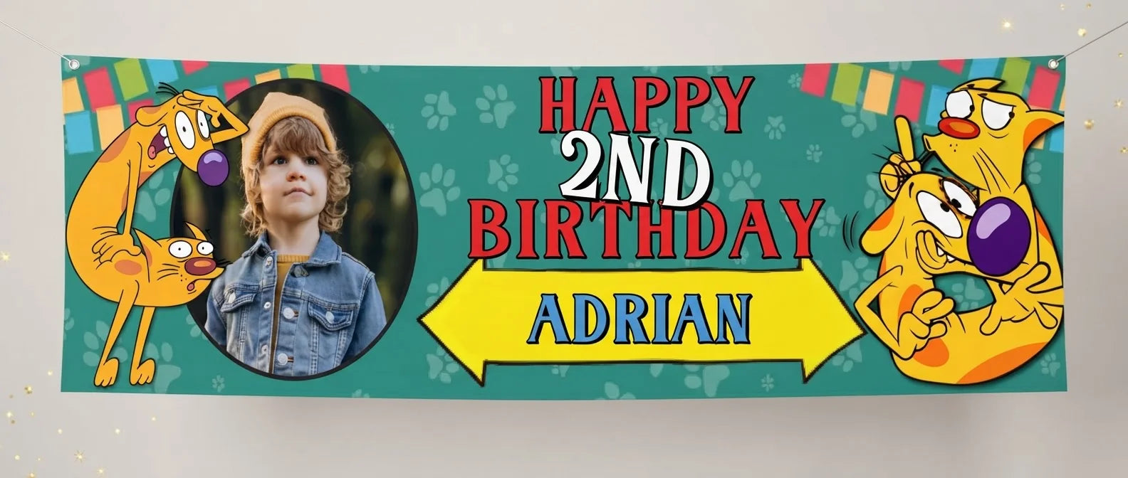 Personalised CatDog Birthday Banner displayed against a plain studio background