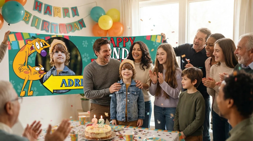 Friends and family celebrating with the personalised CatDog Birthday Banner