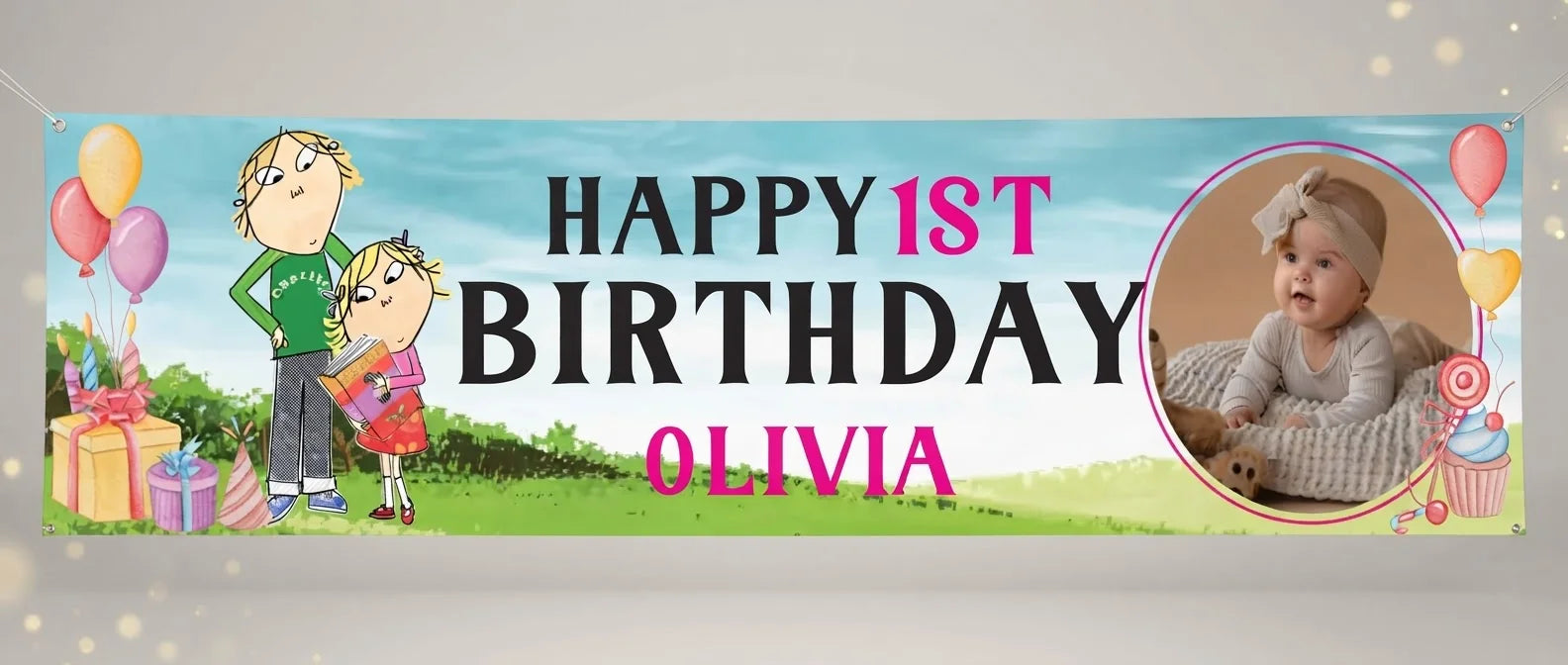 Personalised Charlie and Lola Birthday Banner displayed against a plain studio background