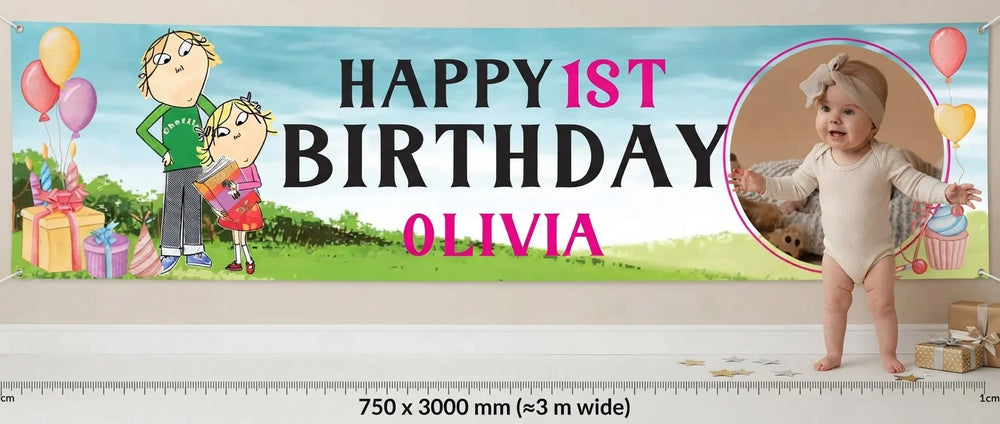 Person standing beside the Charlie and Lola Birthday Banner for scale, with size guide showing 750 x 3000 mm