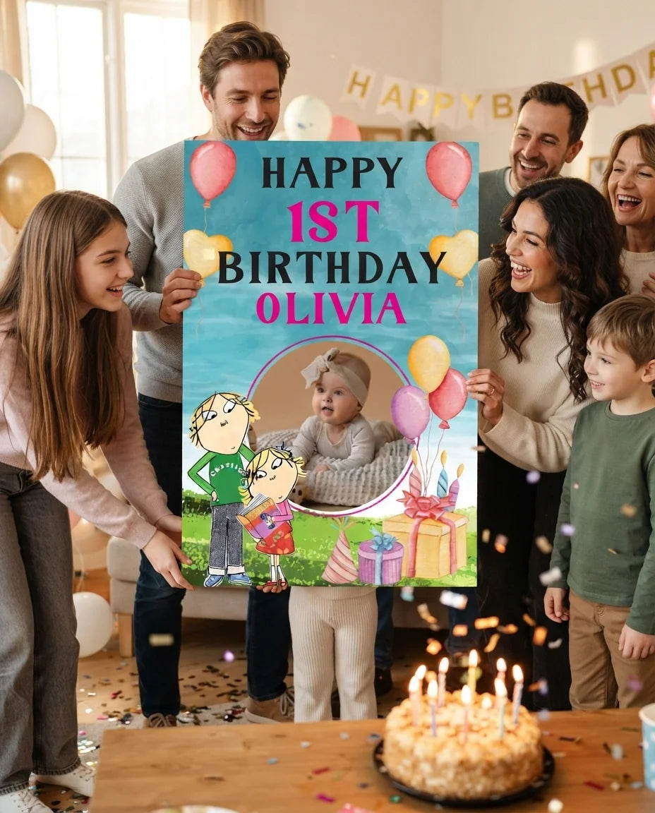 Friends and family celebrating with the personalised Charlie and Lola Mega Card