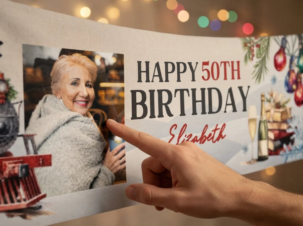 Close-up of the personalised name and photo printed on the Christmas Train Birthday Party Banner