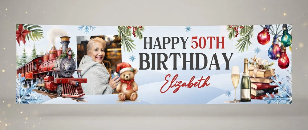 Personalised Christmas Train Birthday Party Banner displayed against a plain studio background