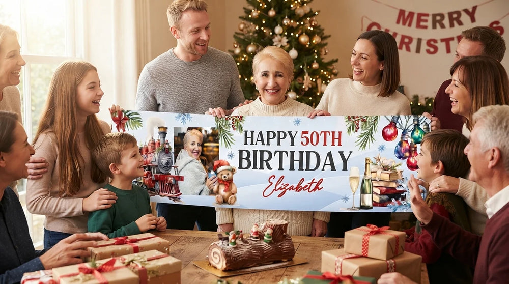 Friends and family celebrating with the personalised Christmas Train Birthday Party Banner