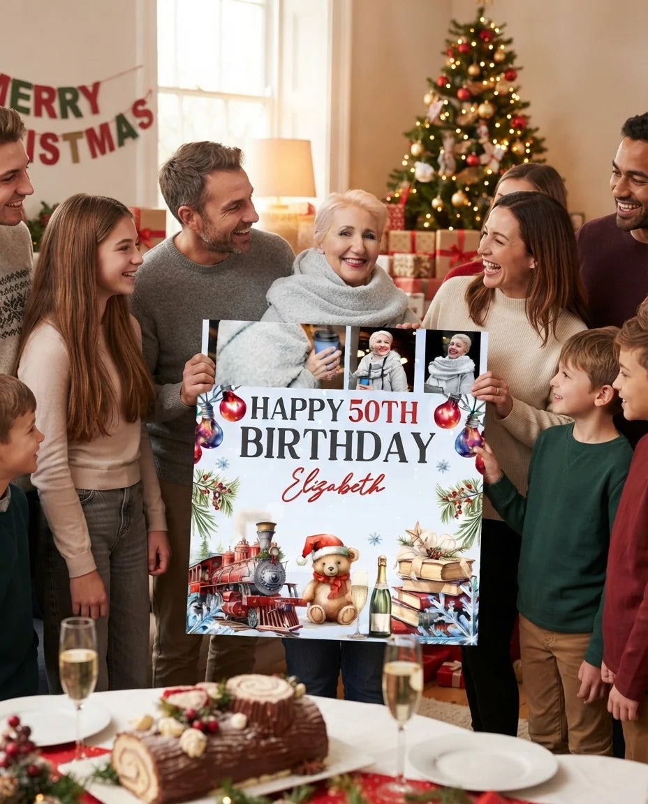 Friends and family celebrating with the personalised Christmas Train Birthday Party Mega Card