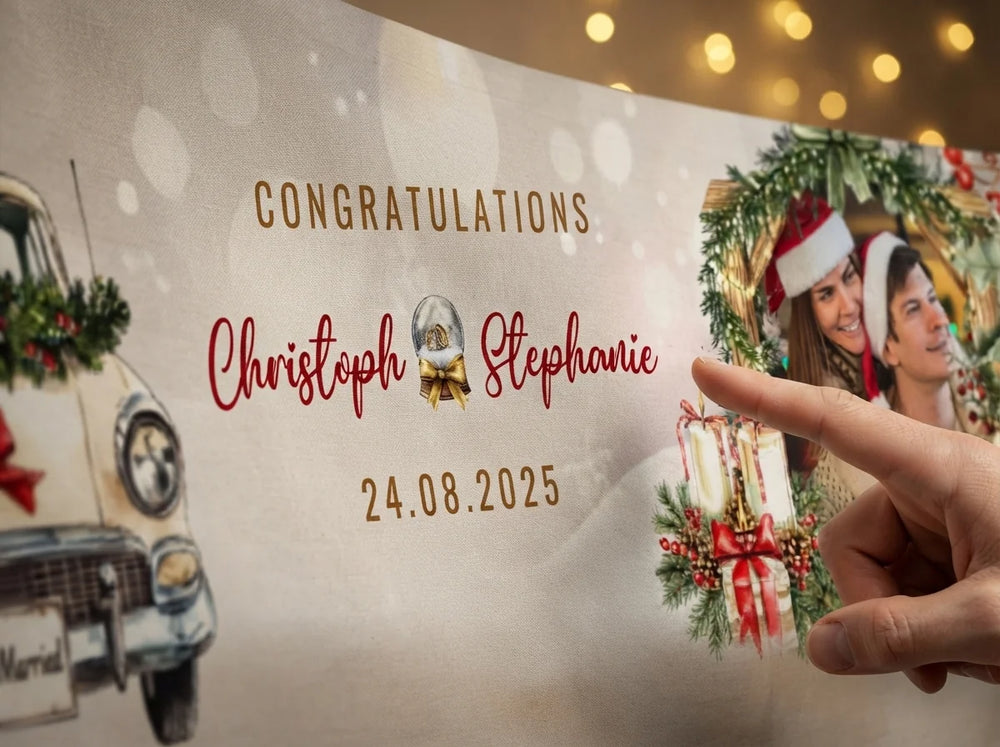 Close-up of the personalised name and photo printed on the Christmas Wedding Theme Wedding Banner