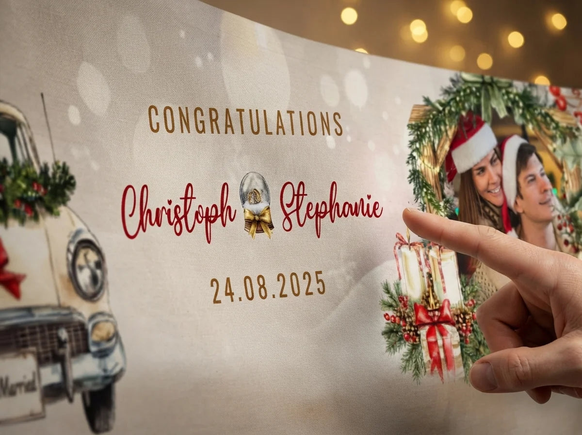 Close-up of the personalised name and photo printed on the Christmas Wedding Theme Wedding Banner