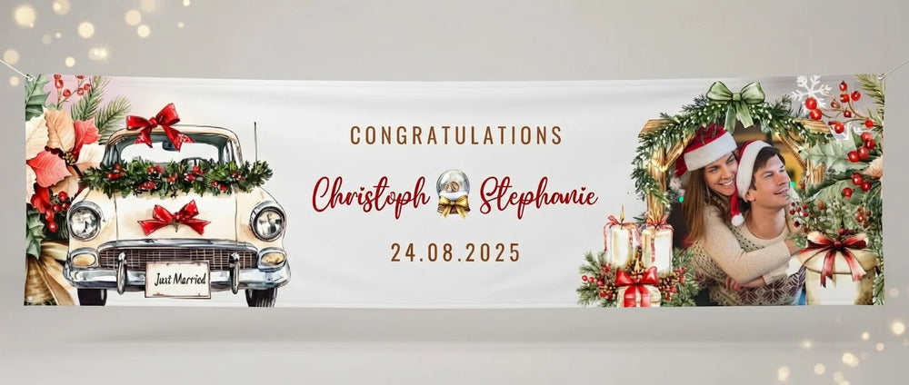 Personalised Christmas Wedding Theme Wedding Banner displayed against a plain studio background