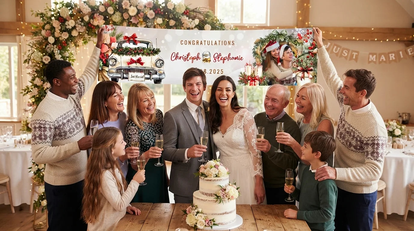 Friends and family celebrating with the personalised Christmas Wedding Theme Wedding Banner