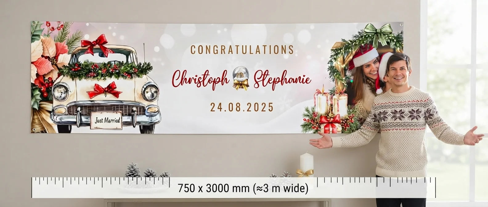 Person standing beside the Christmas Wedding Theme Wedding Banner for scale, with size guide showing 750 x 3000 mm