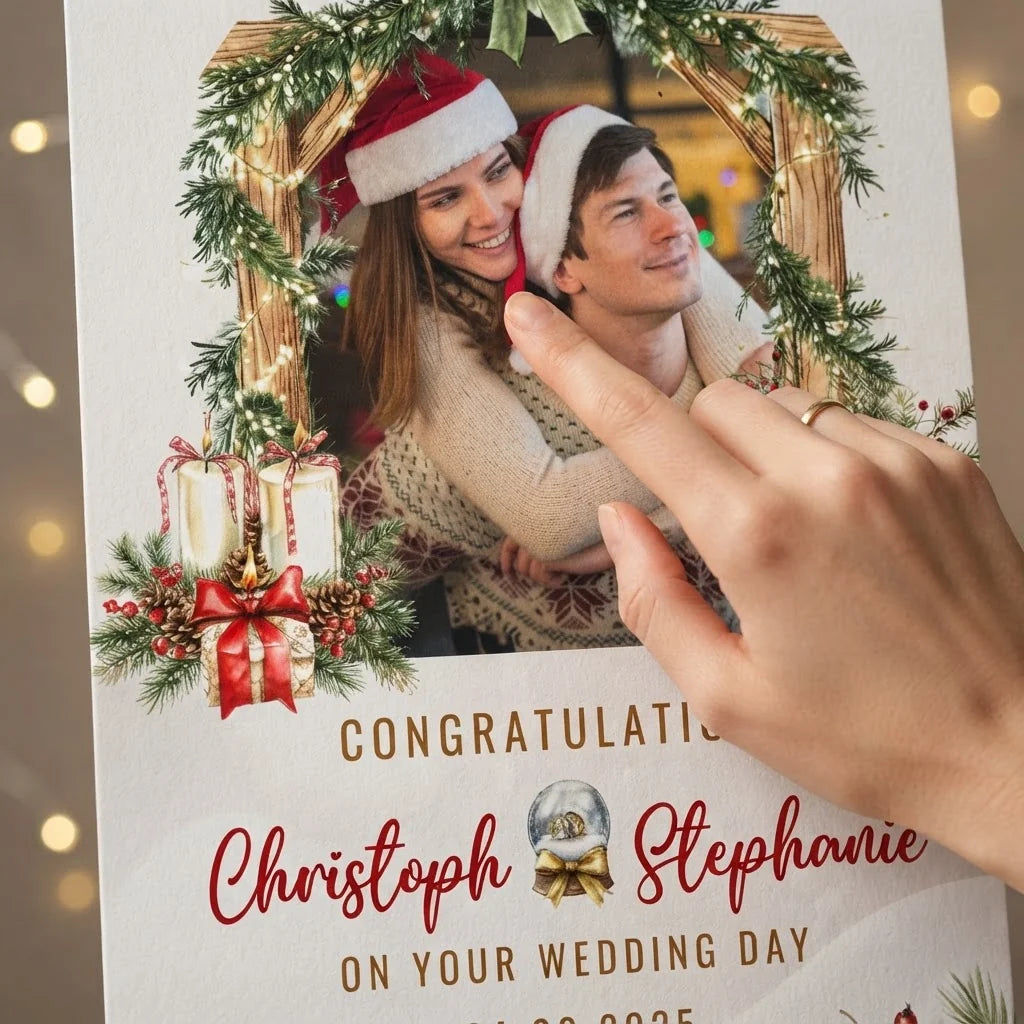 Close-up of the personalised name and photo printed on the Christmas Wedding Theme Wedding Mega Card
