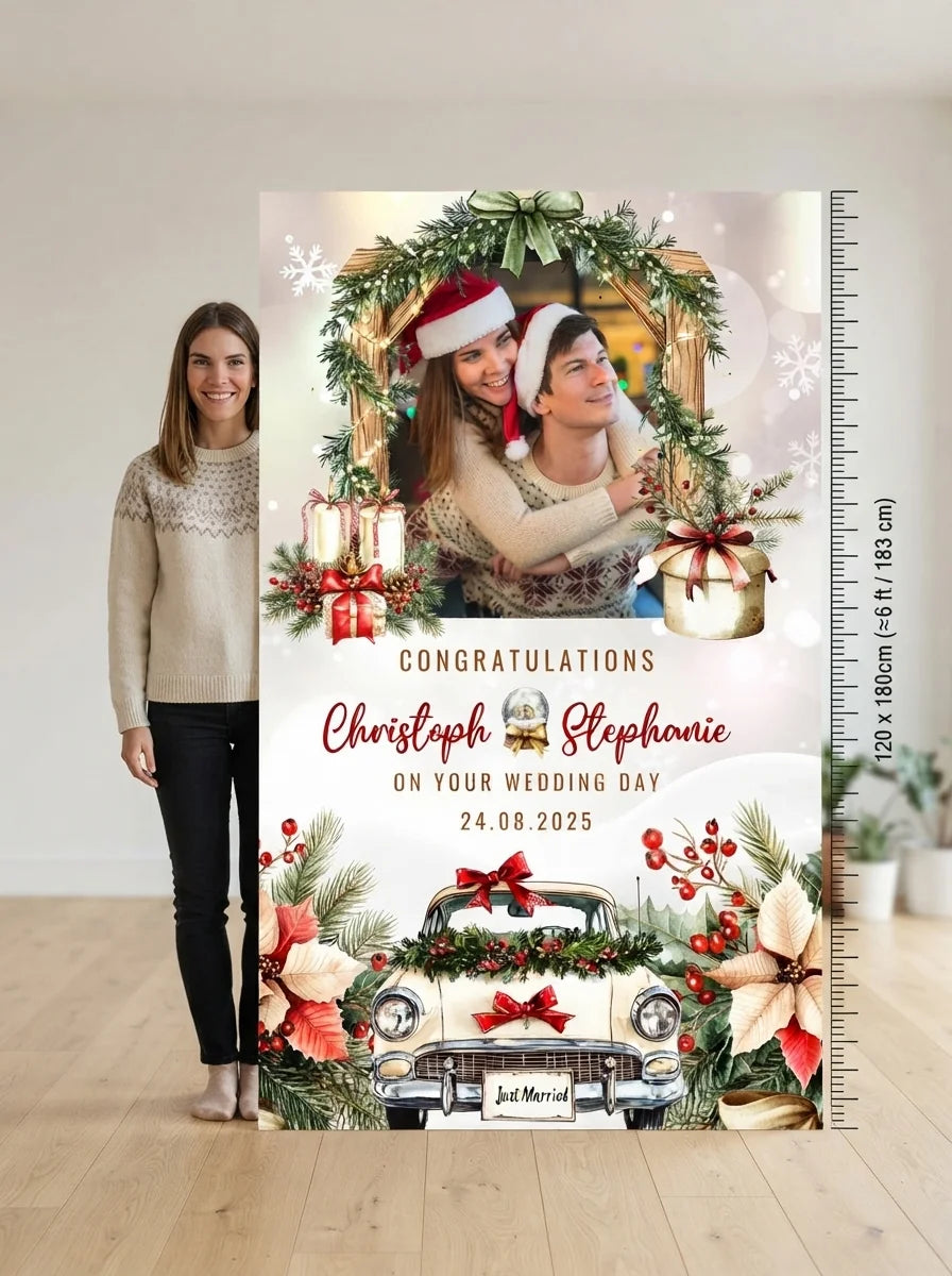 Person standing beside the Christmas Wedding Theme Wedding Mega Card for scale in a size guide