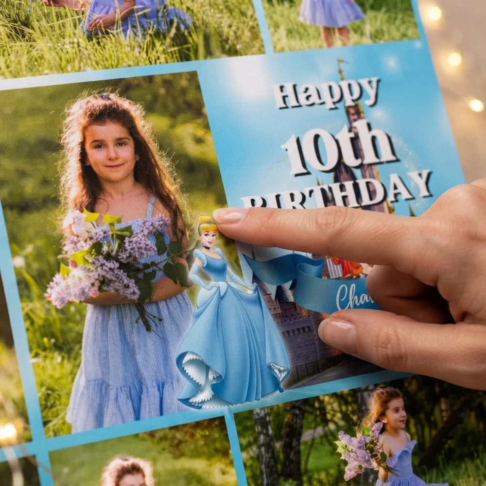 Close-up of the personalised name and photo printed on the Cinderella Mega Card