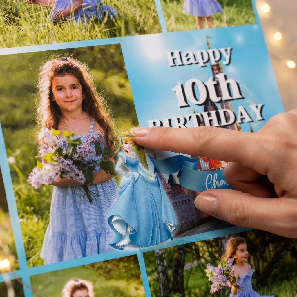 Close-up of the personalised name and photo printed on the Cinderella Mega Card