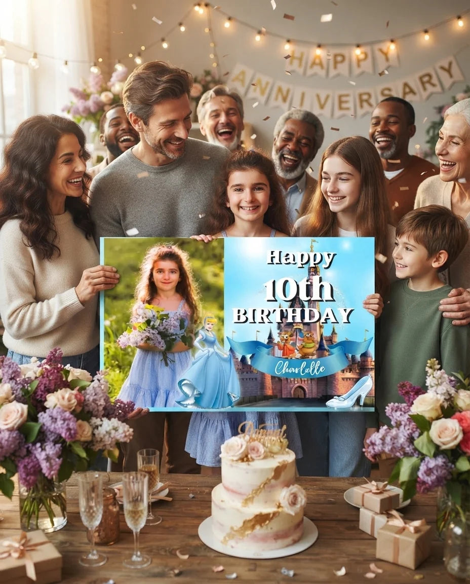 Friends and family celebrating with the personalised Cinderella Mega Card