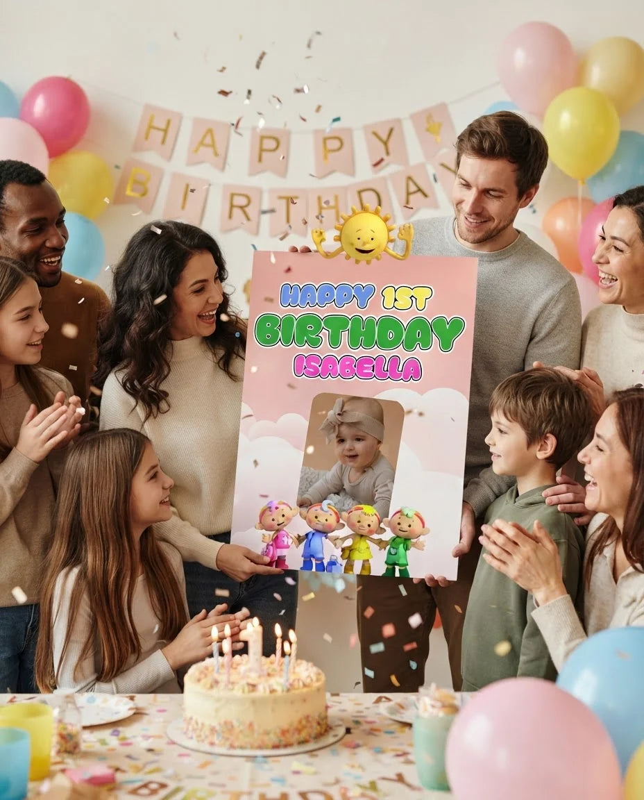 Friends and family celebrating with the personalised Cloud Babies Mega Card