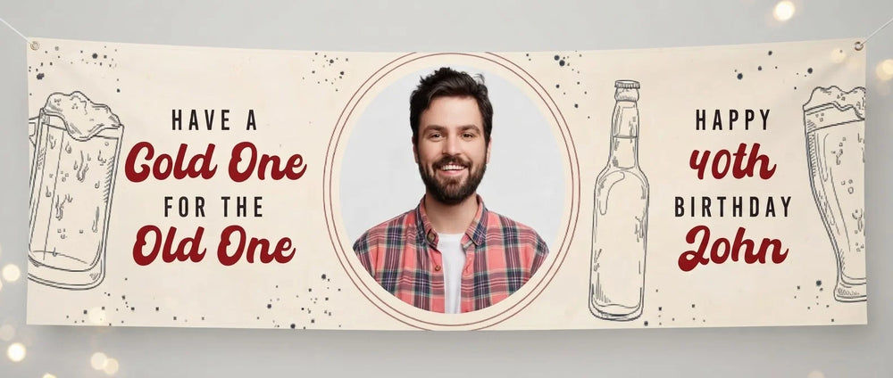 Personalised Cold One For The Old One Birthday Party Banner displayed against a plain studio background