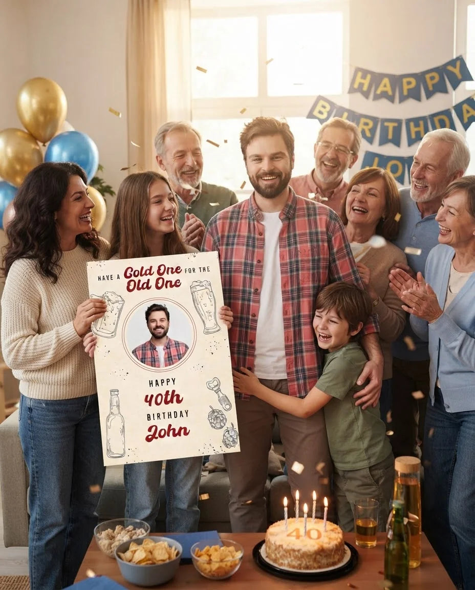 Friends and family celebrating with the personalised Cold One For The Old One Birthday Party Mega Card