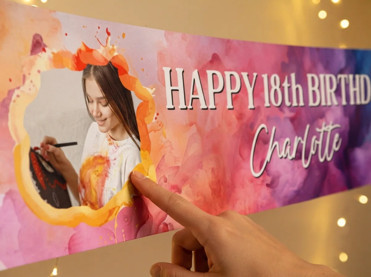 Close-up of the personalised name and photo printed on the Colorful Watercolor Theme Birthday Party Banner