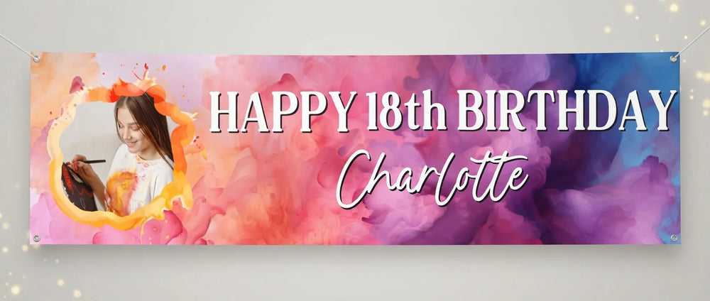 Personalised Colorful Watercolor Theme Birthday Party Banner displayed against a plain studio background