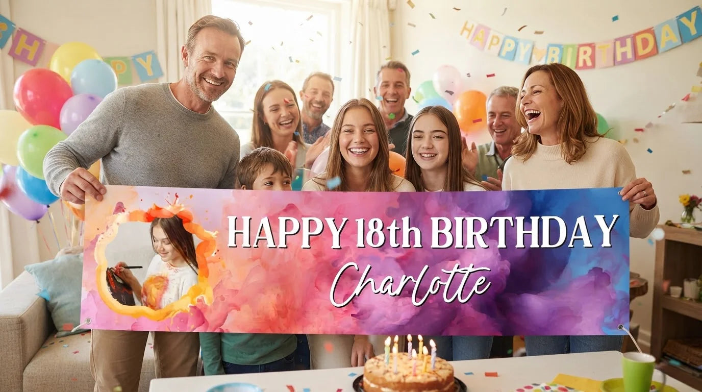 Friends and family celebrating with the personalised Colorful Watercolor Theme Birthday Party Banner