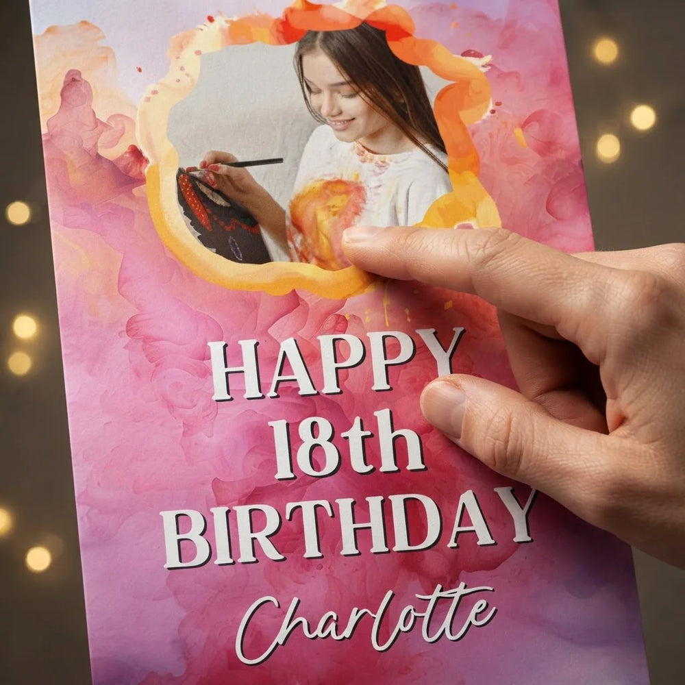 Close-up of the personalised name and photo printed on the Colorful Watercolor Theme Birthday Party Mega Card